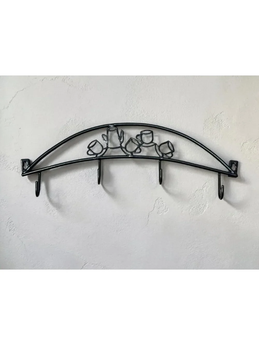 Black Metal Wall-Mounted Coffee-Themed Hook Rack With 4 Hooks